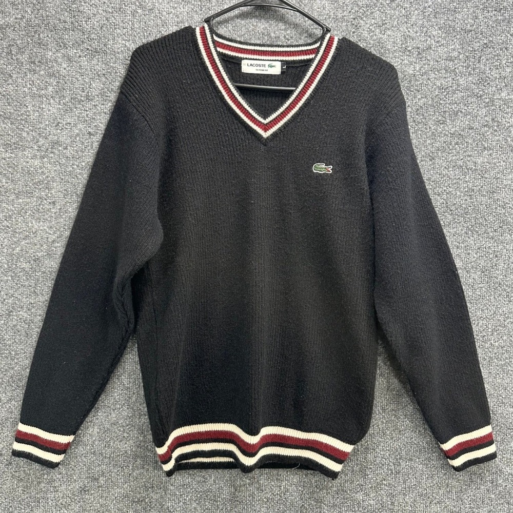 Lacoste Vintage Mens Classic Fit V-Neck Sweater Black Striped Trim Size L